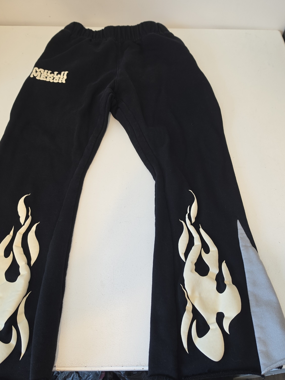 Black Wide-Leg Flame Detail Pants with Cream Graphic